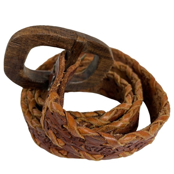 Unique Wooden Buckled Hand-carved Hand-Tooled Genuine Leather Western Braid Belt - Picture 4 of 13